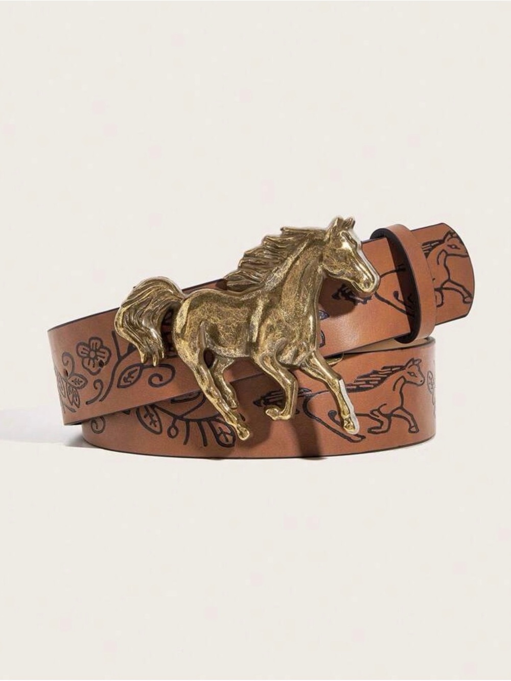 Brown Horse Buckle Leather Belt with Engraved Motif
